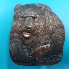 Bergamot Brass Works Bronze Grizzly Bear With Salmon Belt Buckle USA 1978