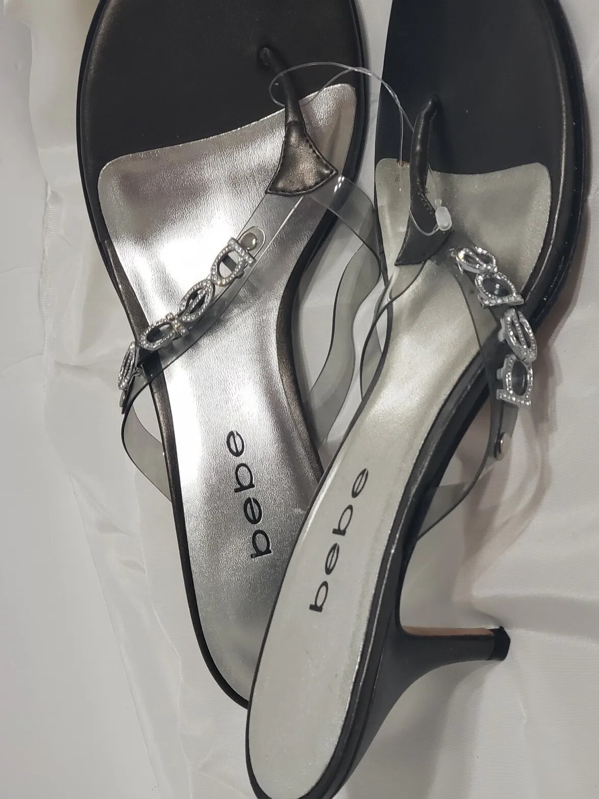 BEBE Sexy Kitten Heel Logo Rhinestones Sandal Black Thong Style 10M | eBay