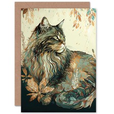 Maine Coon Cat Flower Pattern Watercolour Art Blank Greeting Card With Envelope