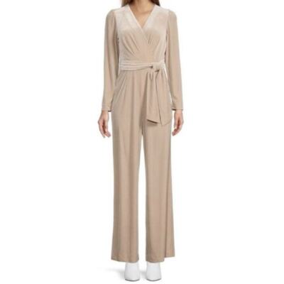 Antonio Melani Beige Cream Velvet Jumpsuit Long Sleeve V Neck