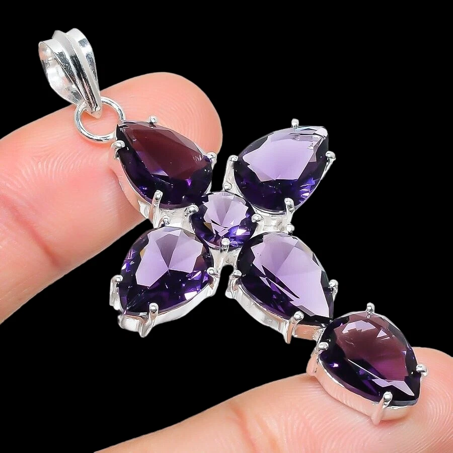Colgante de piedra preciosa de amatista africana hecho a mano joyería de plata de ley 925 corte cruzado Foto 2 de 4