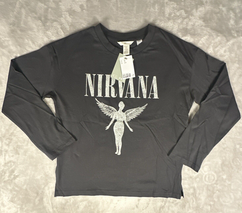 H&M Nirvana Oversized Shirt Women Extra Small Black 100% Cotton Retro Band Tee