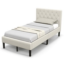 Upholstered Platform Bed Button Tufted Headboard Wooden Slats Support Twin Size