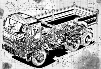 Line Tech Zeichnung Mercedes Benz 2632 AK BR 395 LKW Cutaway Kunst Poster Druck