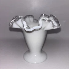 Vintage Fenton Milk Glass Silver Crest Vase with Ruffled Rim