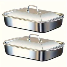 2 in 1 Stainless Steel Roasting Trays Pan Tin Oven Cooking or Barbecue Baking 2X