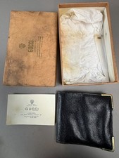 Vtg 60s Original Gucci of Italy Black Leather Bifold Wallet w/ Box London Card
