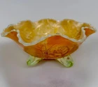 Fenton Vaseline Opal Dragon and Lotus 8 1/2" Carnival Glass Peach Bowl Footed