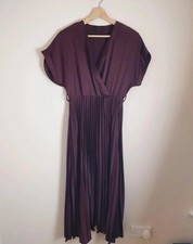 New look Womens midi aline long burgundy satin pleated dress skirt UK 8 S mango