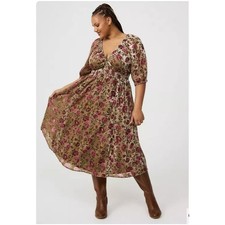 Torrid Burnout Velour Tea Length Dress 2X Kendall floral Romantic Whimsical Boho