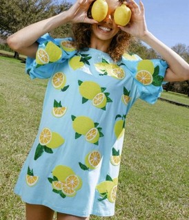 LN $275 WOMENS MEDIUM QUEEN OF SPARKLES SEQUIN LEMONS T SHIRT DRESS PUFF SLEEVES