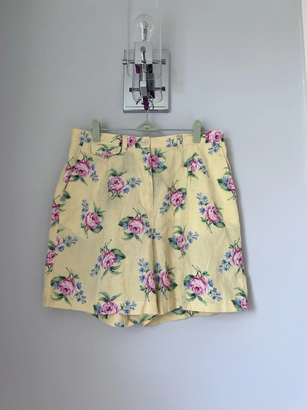 Ralph Lauren Vintage Linen Yellow Floral Roses Print High Waist Shorts Size 12.