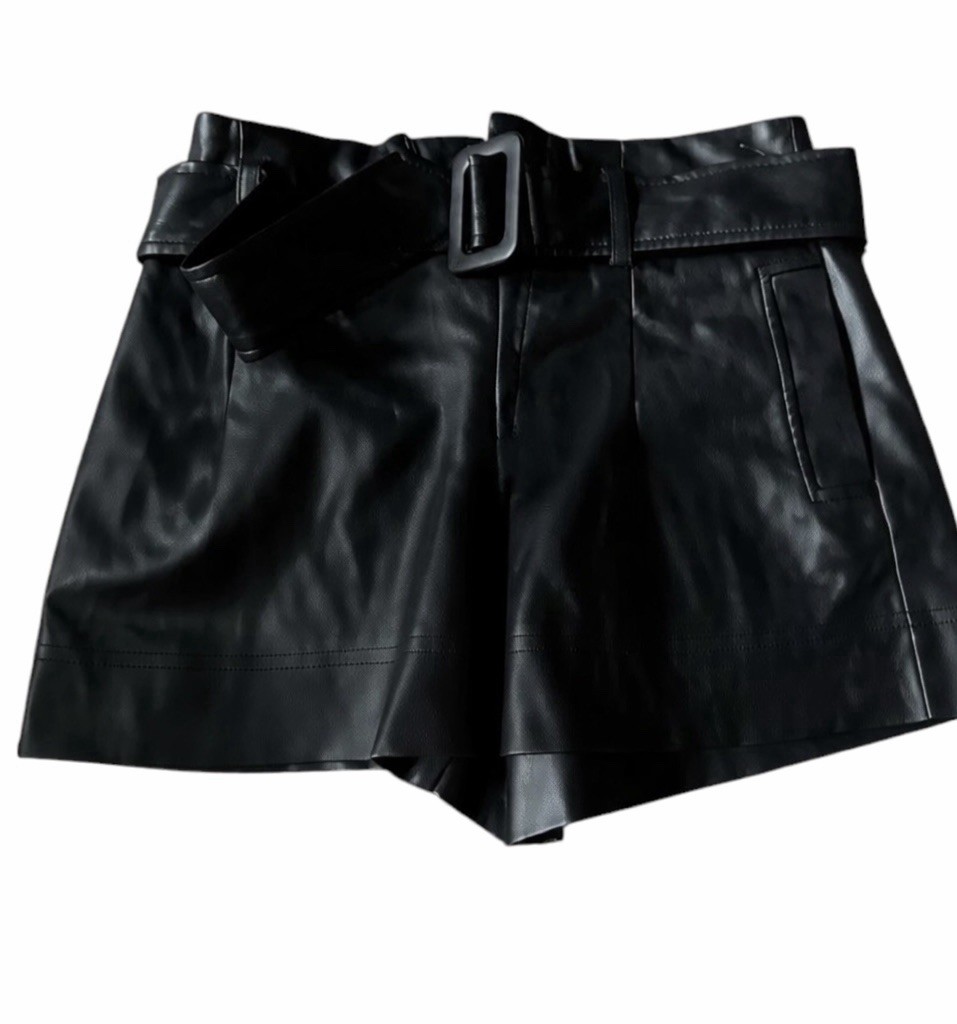 ZARA TRF Collection Paperbag Faux Leather Belted Shorts Black XS NWT