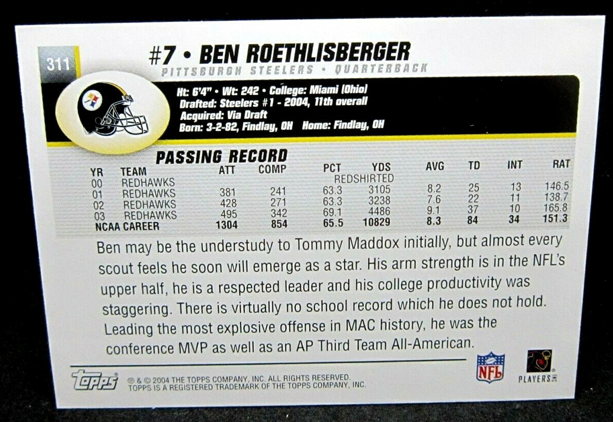 Ben Roethlisberger RC 2004 Topps Passing Rookie Card#311!Steelers