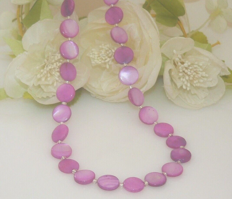 Halskette Kette Collier  Muschel Perlmutt  Scheibe Ø12mm violett pink  405t - Bild 2 von 4