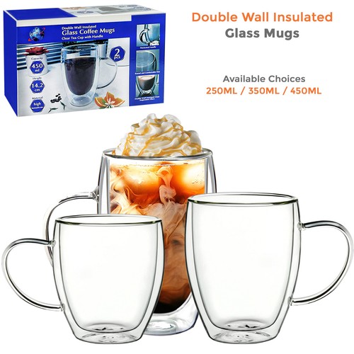 2x Double Wall Insulated Glass Coffee Glass Mug Tea Cup w Handle 250