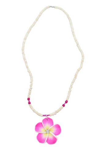Coconut Shell Necklace Fimo Plumeria Flower - 16", Hawaiian Jewelry, Pink Yellow - Picture 3 of 4