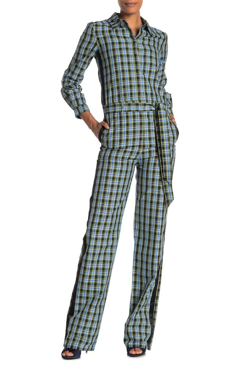 Authentic Burberry Jumpsuit Check Tie Waist Azure Blue Silk Cotton
