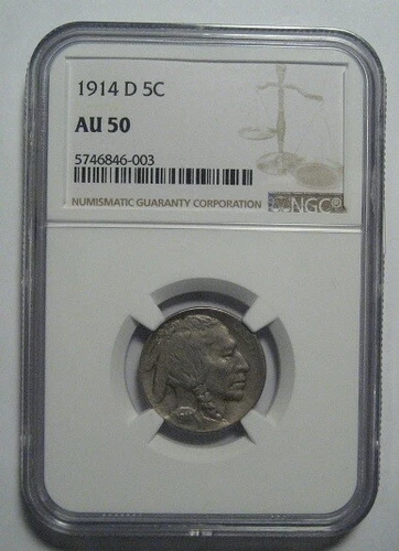 = 1914-D AU50 NGC BUFFALO Nickel, Super EYE Appeal, FREE Shipping