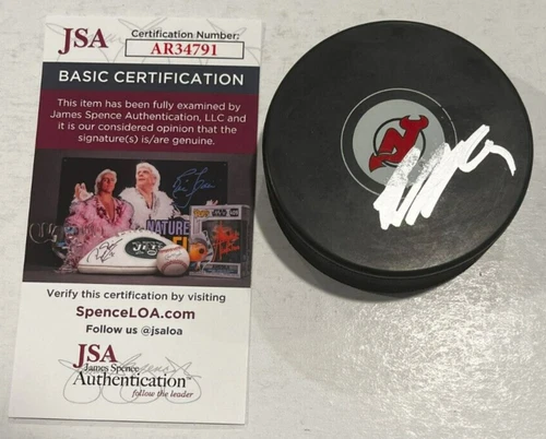 JESPER BRATT SIGNED NEW JERSEY DEVILS HOCKEY PUCK W/ CASE JSA COA