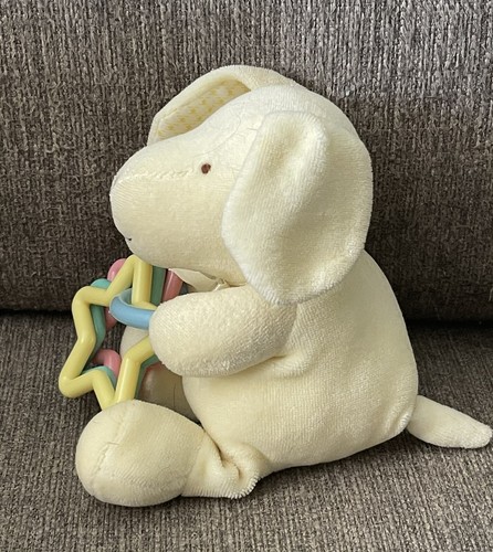 Vintage Carter's Just One Year 7” Yellow Plush Puppy Dog Toy Rattle Rings Lovey - Picture 2 of 3
