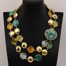 2 Rows Natural Mix Color Cat eye Coin Brushed Beads Necklace Amazonite Clasp