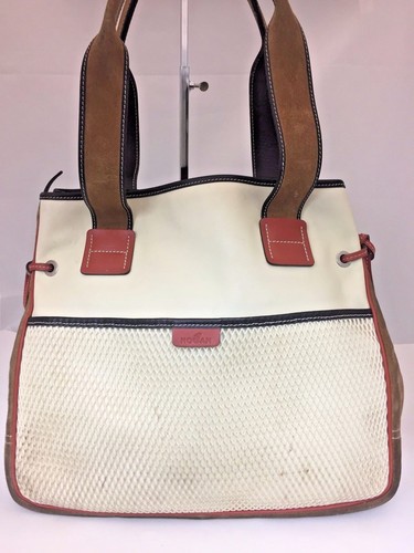 HOGAN 78417 IVORY LEATHER BROWN SUEDE TOTE SHOULDER BAG