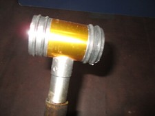 MW.908: OLD T-SHAPED GOLD CYLINDRICAL HANDLE ON WOOD SHAFT WALKING STICK CANE