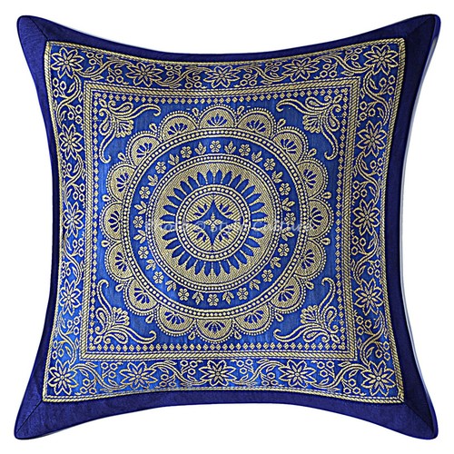 Indian Handmade Cushion Cover Mandala Brocade Silk Blue Pillow Cover Throw 12" - Picture 2 of 6
