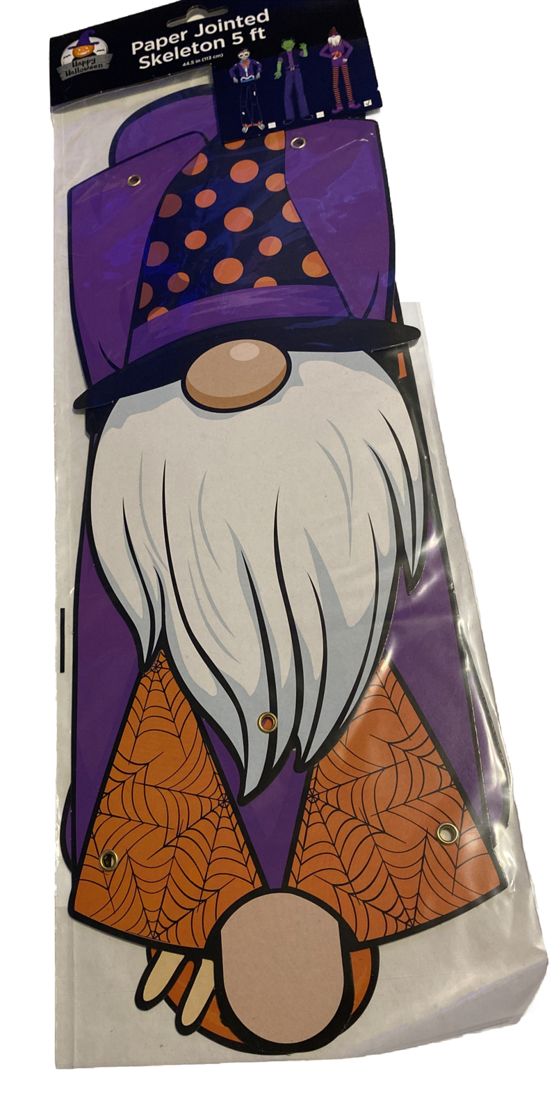 Halloween 5' Paper Jointed Skeleton Fun 44.5” Gnome NEW So Cute