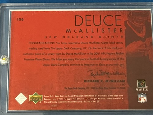 2001 Upper Deck Game Gear Rookie Jerseys /500 Deuce McAllister #106 Rookie RC - Imagen 3 de 5