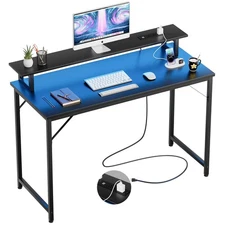 47 inch Computer Desk with Power Outlets, Gaming Desk with LED Lights, Home O...