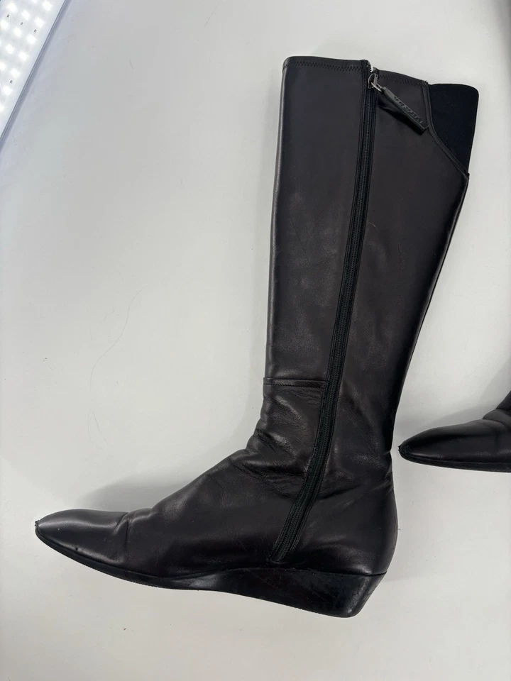 Prada Boots Womens 39 Black Leather Knee High Zip Up Wedge Elastic Nylon Panel - Image 4 of 4