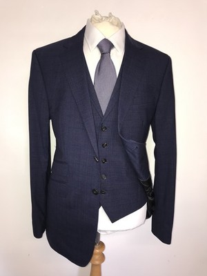TED BAKER -Slim Fit 3 Piece BLUE Check WOOL SUIT - 42 Reg - W34 L31 - GORGEOUS