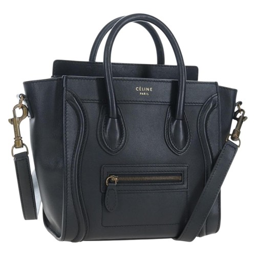 CELINE Luggage Micro Shopper Hand Bag Leather 2way Black Gold Auth 205995V