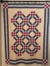 PATRIOTIC AMERICA THEME LOGCABIN/NINE-PATCH STRIPES QUILT.SIZE:60"X74"