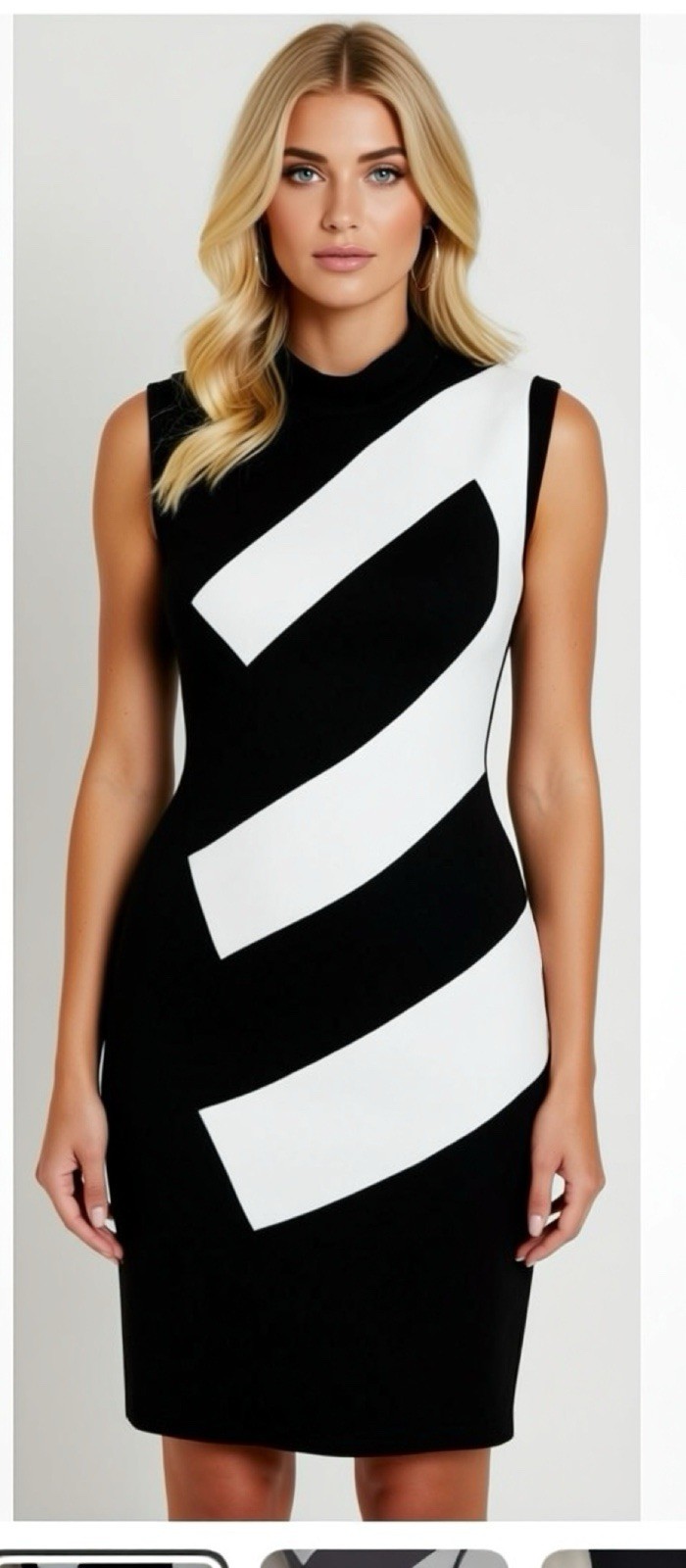 Karen Millen Black Ivory Diagonal Striped Wiggle Pencil Occasion Dress UK 10
