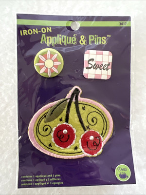 Dritz 3 Piece Iron-On Cherries Patch Applique and 2 pins instructions on back