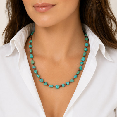 19'' Natural Turquoise Nugget & Shell Bead Necklace Southwestern New Handmade