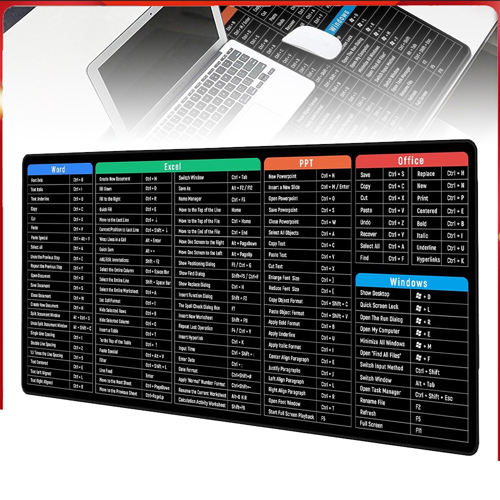 Excel Cheat Sheet Desk Mat, Excel Shortcuts Mouse Pad, Keyboard