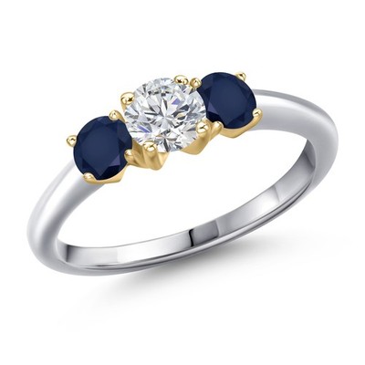 925 Silver and 10K Yellow Gold Lab Grown Diamond and Sapphire Engagement Ring