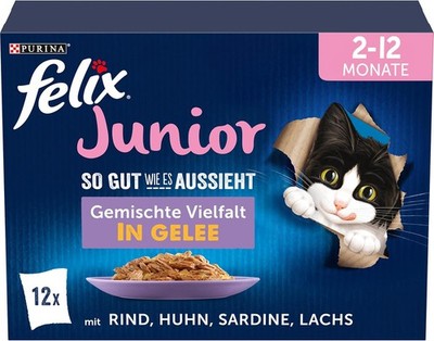 Felix Junior Kitten-Futter nass in Gelee, Sorten-Mix (6 x 12 Beutel à 85g)