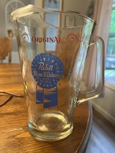 Vintage PABST BLUE RIBBON BEER PBR Large Heavy Glass BEER Pitcher