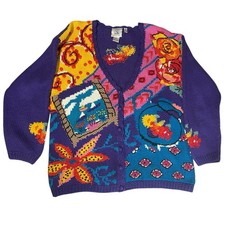 Vtg Colorful Hand Knitted Cardigan Sweater Large
