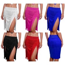 Women Dancewear Tiered Skirt Dancing Miniskirt Slit Hem Rhinestone Festival