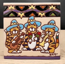 Earthtones Tiles Southwestern Multicolor 3 Cats w/ Sombreros Hats Mariachi Band