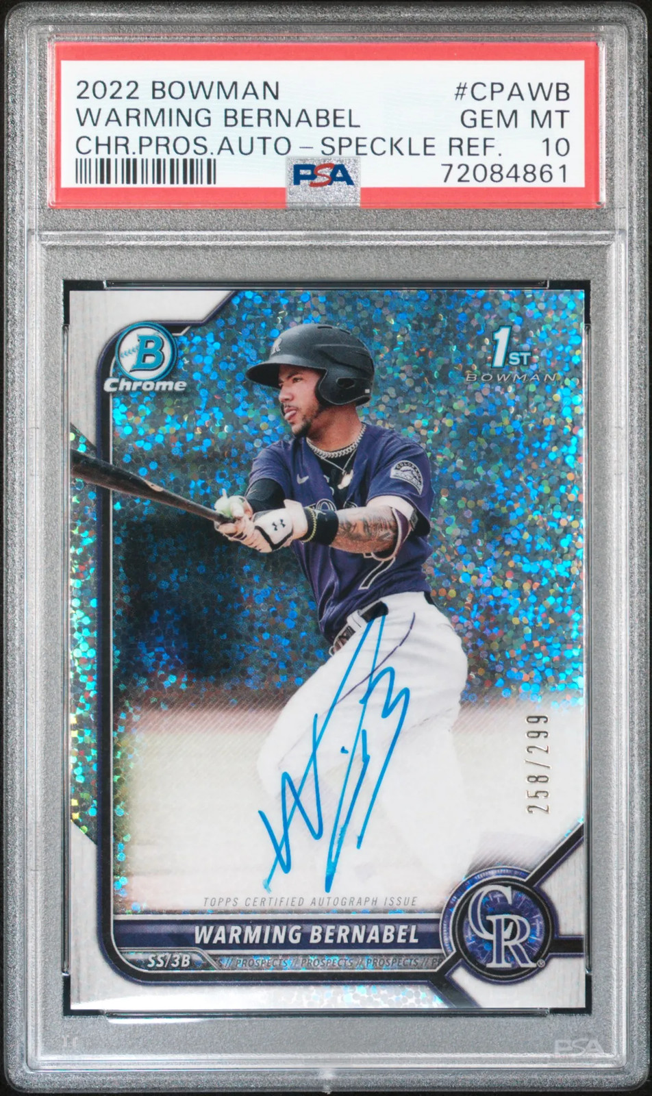 2022 Bowman Chrome Auto Warming Bernabel #CPAWB Speckle Refractor 258/299 PSA 10