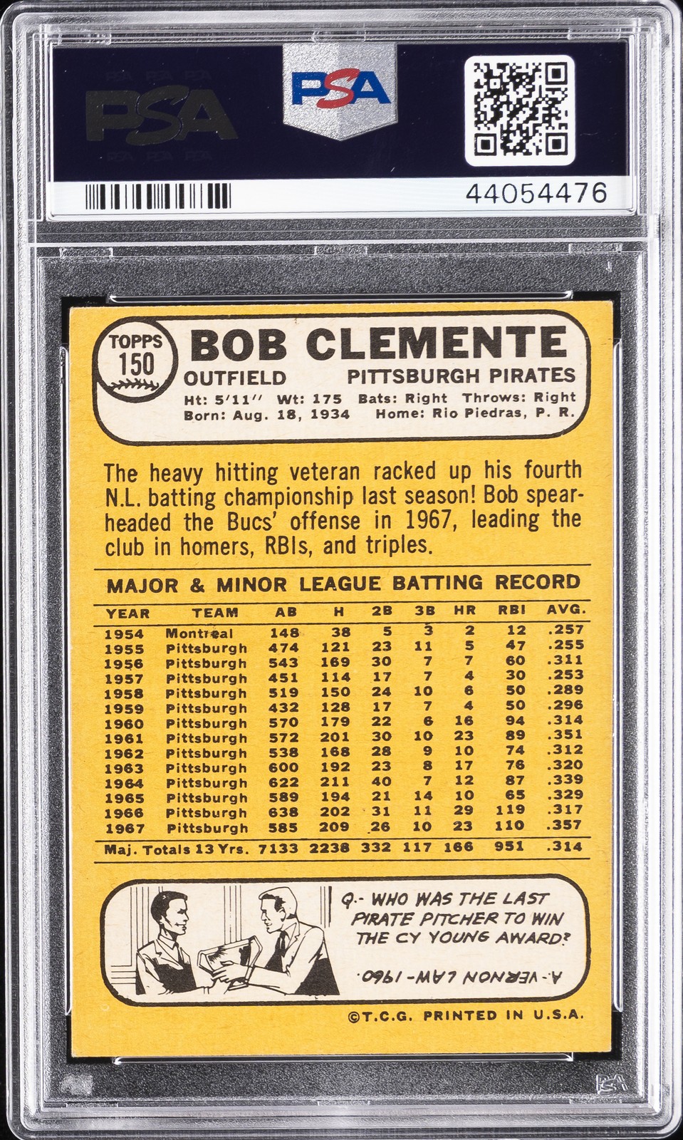1968 TOPPS #150 BOB CLEMENTE PSA 6 view 2