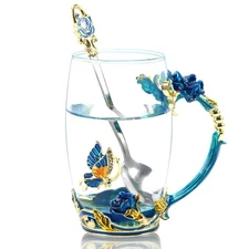 330ML Enamel Tea Cup Glass Coffee Mug Handmade Rose Flower Tea Mug for Father...