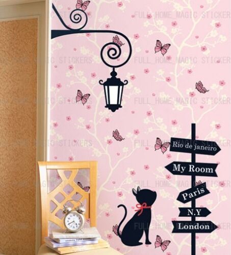 ROAD SIGN LAMP & CAT WALL DECOR MURAL ART STICKER DECAL - Picture 1 of 3